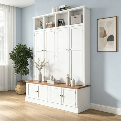 Arbre d'entrée de campagne moderne 76,7 po H 4-en-1 avec banc et armoire, rangement pour hall d'entrée avec casiers ouverts et crochets pour le vestibule / le couloir / le salon