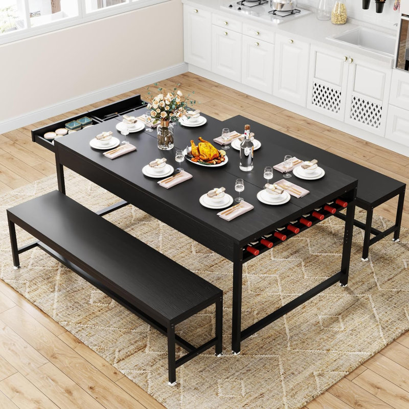 Black 63" Modern Dining Table Set with Benches and Storage