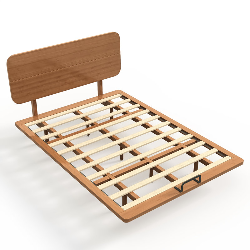 Lit plateforme en bambou Queen Size avec tête de lit et ports USB, cadre de lit flottant moderne avec support à lattes en bois, aucun sommier requis, lit gain de place pour chambre à coucher, chambre d'amis, dortoirs, marron.
