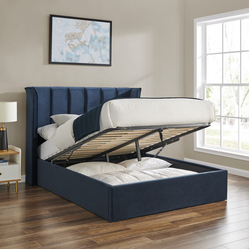 Ashok Upholstered Velvet Lift Up Storage Ottoman Bed, Double (135 x 190 cm), Navy
