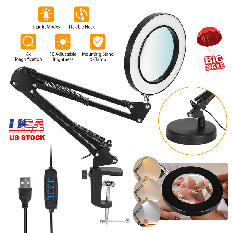 Lampe de bureau 2 en 1 avec loupe à DEL et loupe 8x avec bras pivotant et lampe de lecture USB avec support à pince 10 modes de luminosité 3 modes