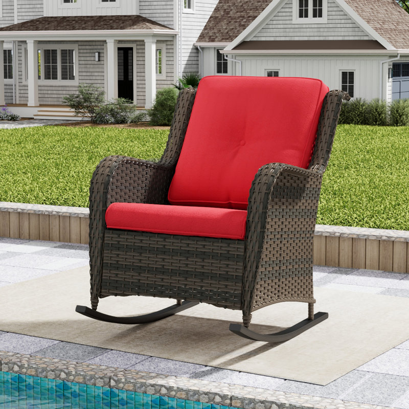 Outdoor Pe Wicker Rocking Chair - All-Weather Patio Furniture With Alloy Steel Frame & Thick Removable Cushion, Red