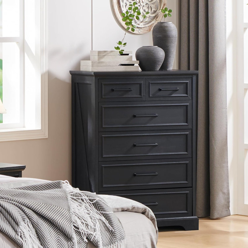 Deavion 44" Farmhouse 6 Drawer Dresser, Wide Chest of Drawers for Bedroom, Black