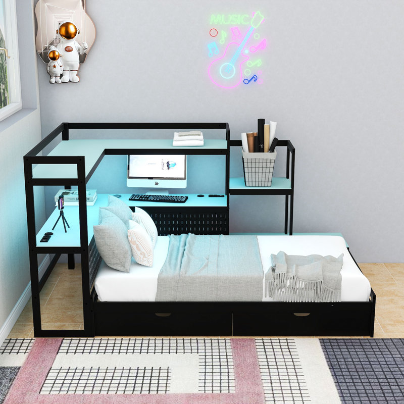 Base de lit en bois avec bureau, lumière DEL, tiroirs et station de charge intégrée, Black/Blue