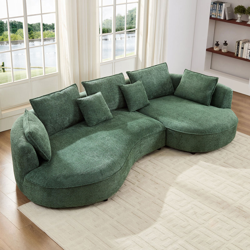 125" Curved Boucle Sectional Sofa With Chaise And 7 Pillows, Moss Green, Right Hand Facing