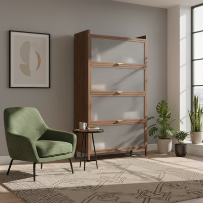 Armoire de rangement en métal à 4 portes rabattables (couleur noyer), 57 pouces de hauteur, espace suffisant, peut être placée dans la chambre à coucher, le bureau, le salon, le couloir ou le vestibule