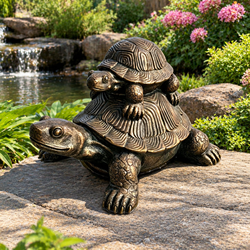 Statue de jardin en résine représentant une tortue mère et son bébé.