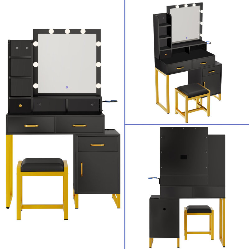 Tasica Makeup Vanity with Charging Station & 3 Lighting Color Options, Black