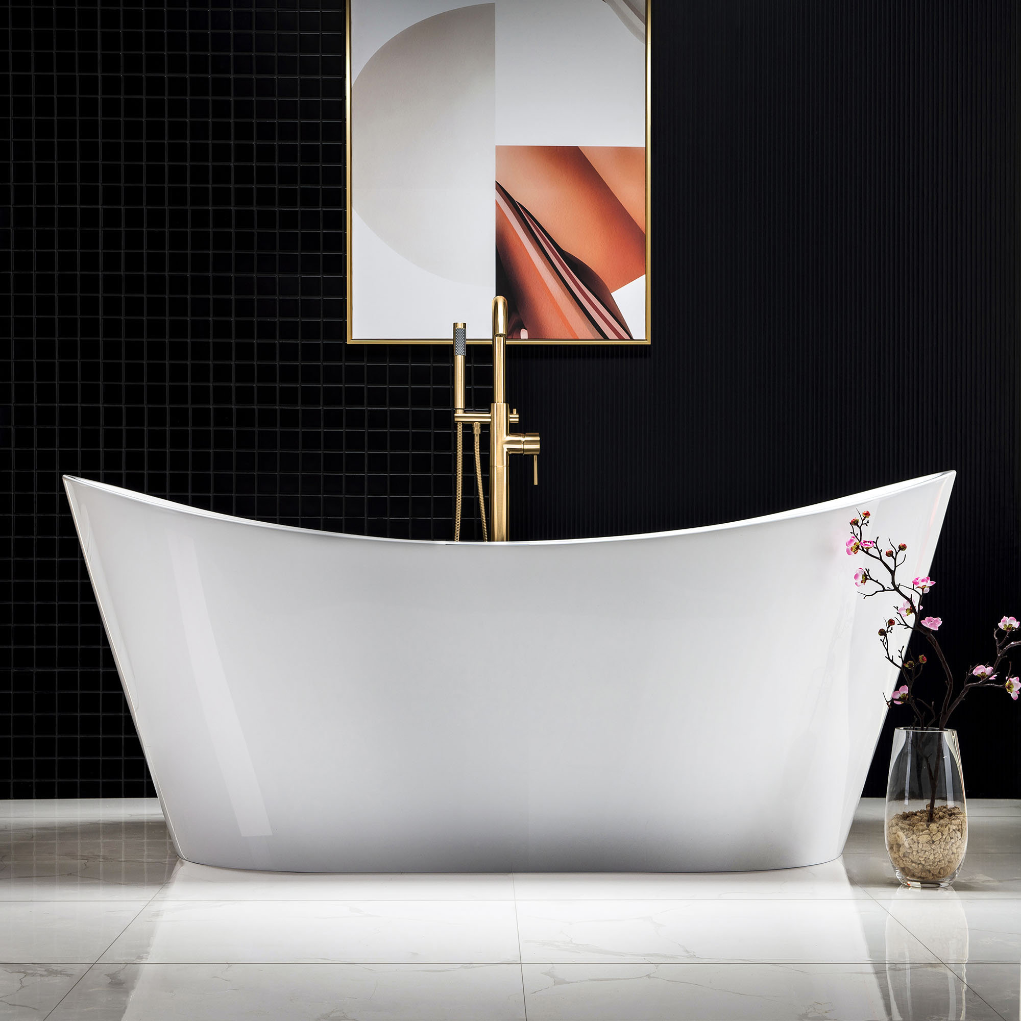 67'' x 32'' Freestanding Soaking Acrylic Bathtub, White, Brushed Gold