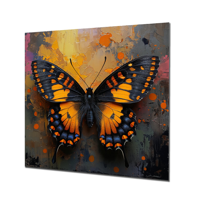 Papillon rétro noir et jaune, peinture I - papillon, art mural, salon, Métal métal, H 36 po x l 36 po x P 1,5 po