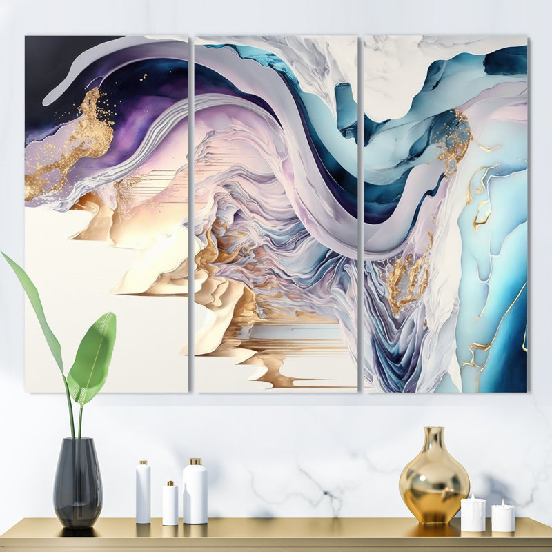 «Dondrea Blue, Gold and Mauve Abstract Waves II», reproduction sur toile 3 pièces, H 28 po x l 36 po x P 1 po, Toile tendue