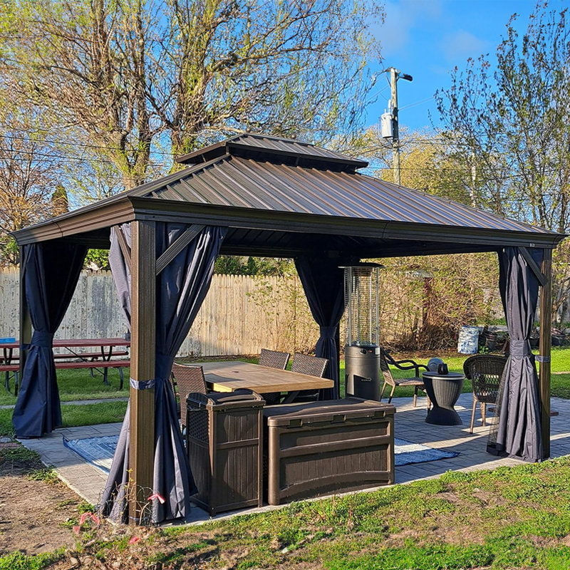 PURPLE LEAF 10' W x 12' D Hardtop Gazebo Canopy with Netting and Curtains for Outdoor Deck Backyard Heavy Duty Sunshade Outside Metal Patio Permanent Pavilion
