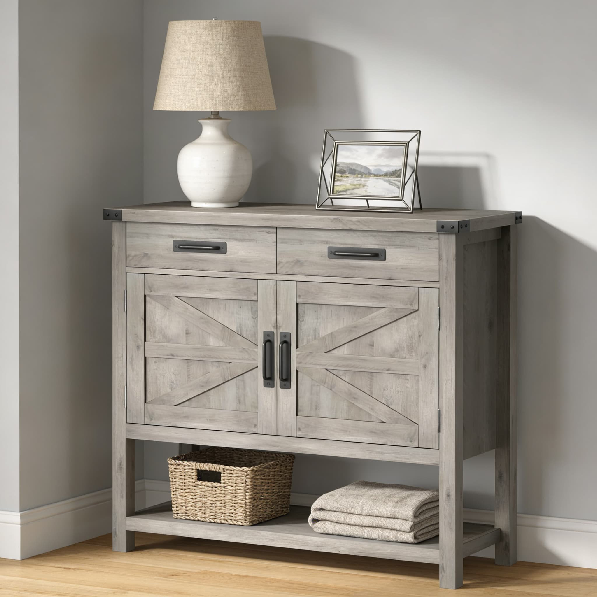 One Allium Way® Farmhouse Console Table With Storage Cabinet, Drawers ...