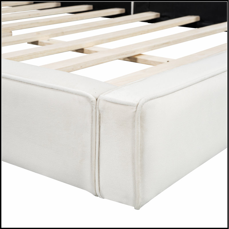 Lit plateforme tapissier avec tissu en velours, structure solide pour un confort et une durabilité ultimes, Beige