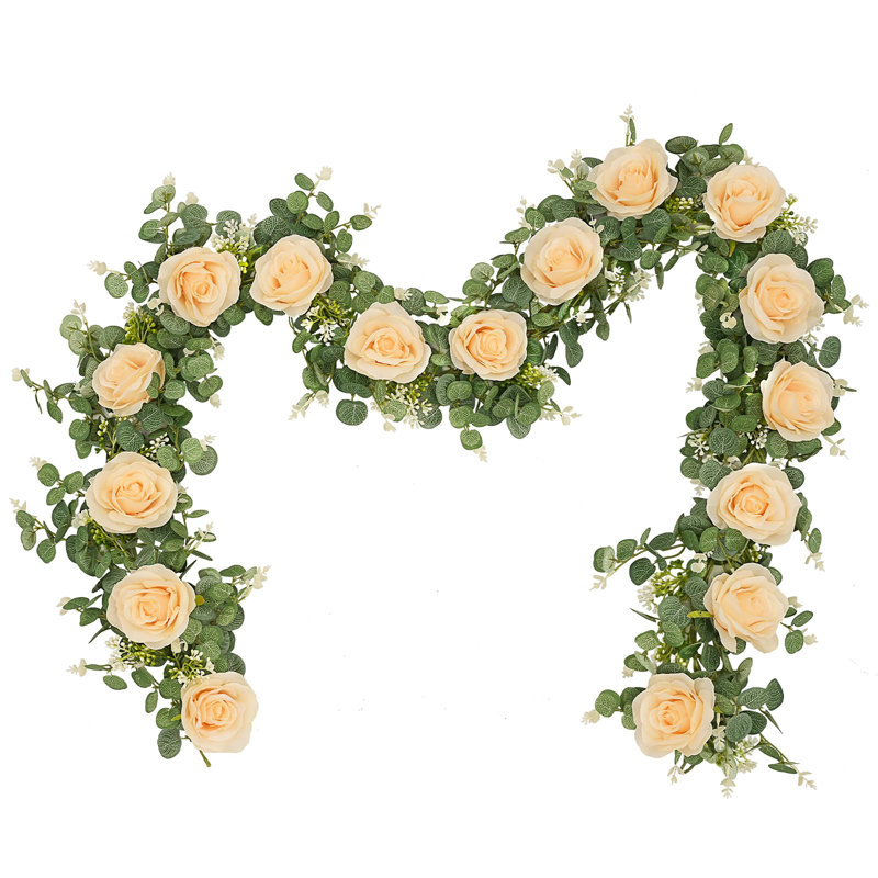 2 guirlandes d'eucalyptus artificiel 13 pi avec fleurs, Champagne rosé