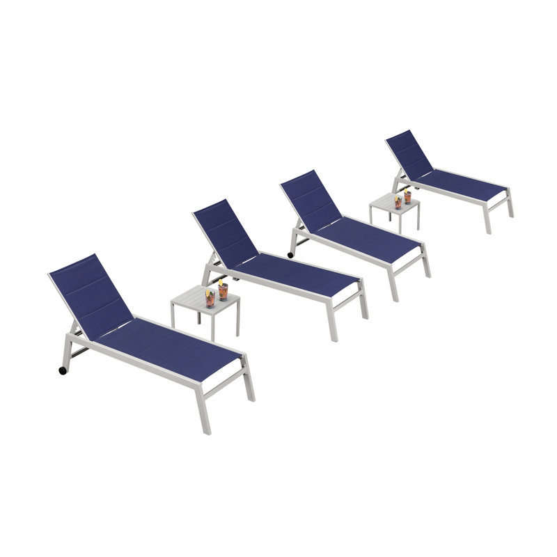 Chaise longue d'extérieur en métal avec table, Bleu marine