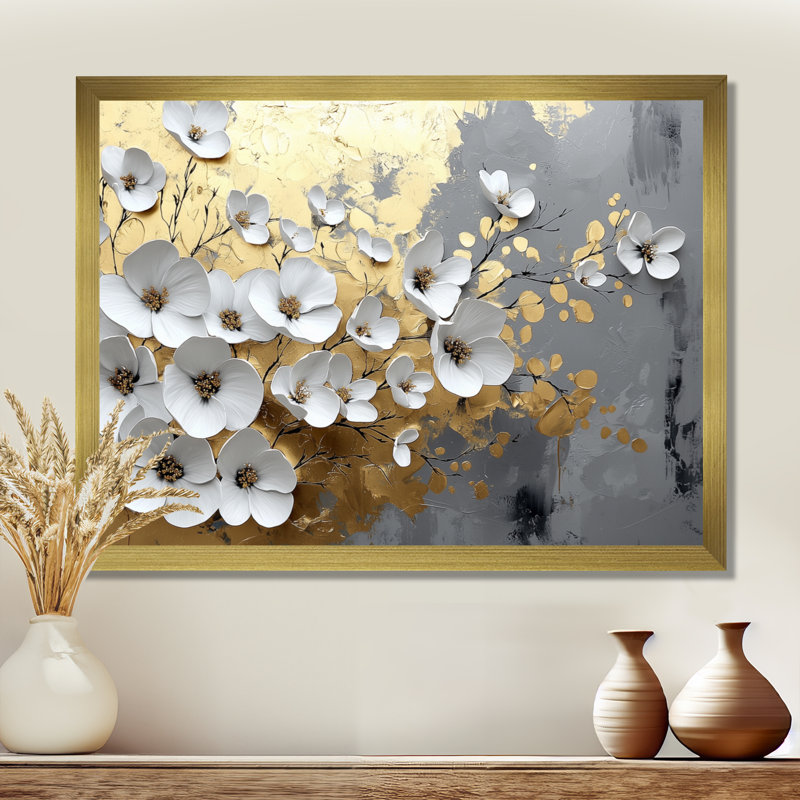 Altamirano - Floral Wall Art, H 34 po x l 44 po, Cadre simple, Or