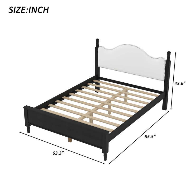 Grand lit plateforme en bois avec tête de lit tapissier, structure noire et tête de lit blanche, Noir, blanc