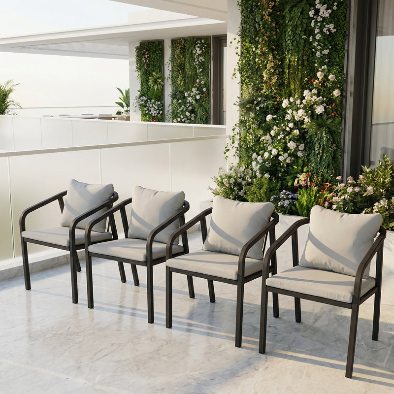 Ensemble de 4 fauteuils de salle à manger d'extérieur en aluminium avec coussins, noir, 4, Gris, Noir