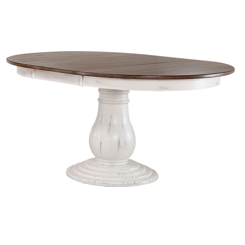 Solid Wood Round 45"x 45"x63"L Opens To Oval Extendable Dining Pedestal Table in White & Cocoa Brown With 18" Takeout Leaf (Seats 4-6)