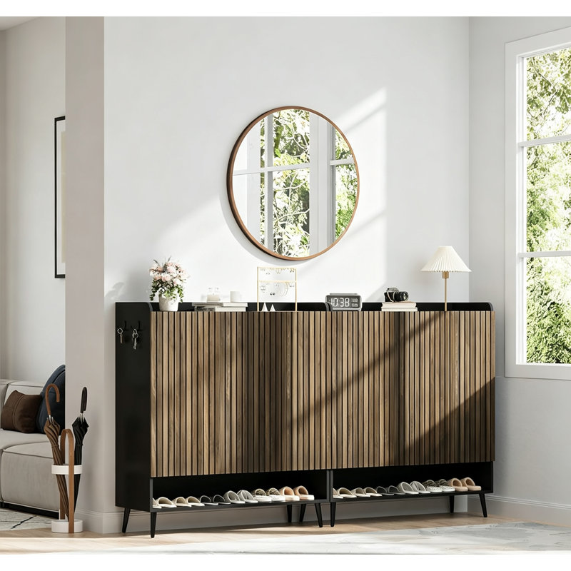 Hallway Shoe Cabinet, 30 Pairs Large Shoe Cabinet w/ 3 Doors, Adjustable Shelves, Shoe Organizer w/ Doors, Black & Nut-brown