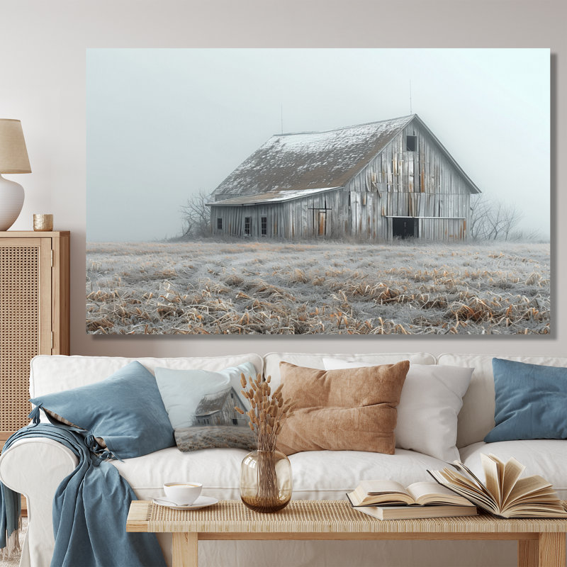 Gris, grange d'hiver moderne Marvel - salon d'art mural de grange, Toile tendue, H 34 po x l 44 po