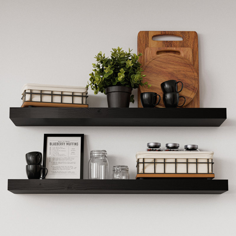 Tablettes flottantes en bois massif, tablettes en bois pour le mur, Noir, 1.2" H x 30" W x 6.7" D