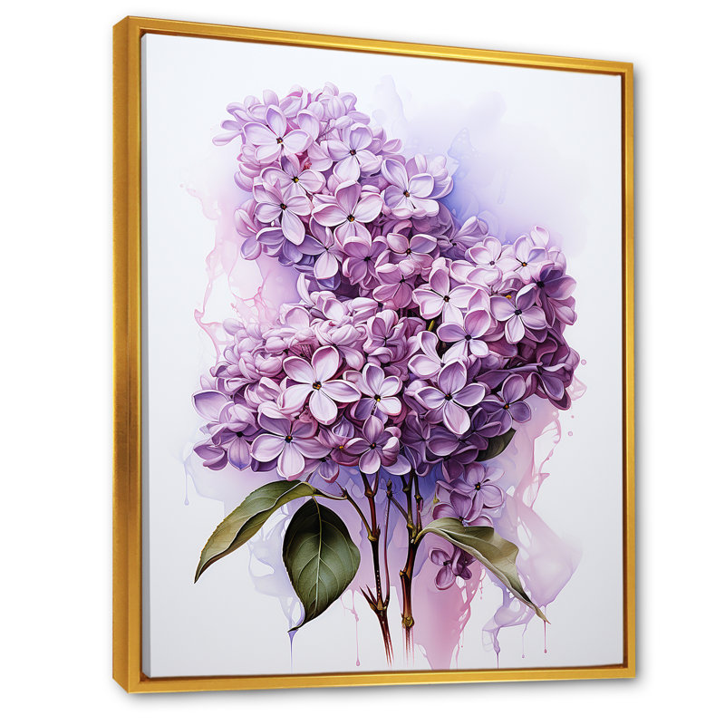 Élégant bouquet de lilas sur toile, Cadre flottant doré, H 20 po x l 12 po x P 1 po