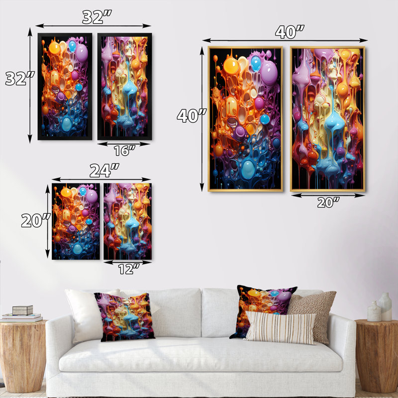 «Orange and Blue Abstracted Realities», 2 pièces sur toile, H 40 po x l 40 po, Cadre noir