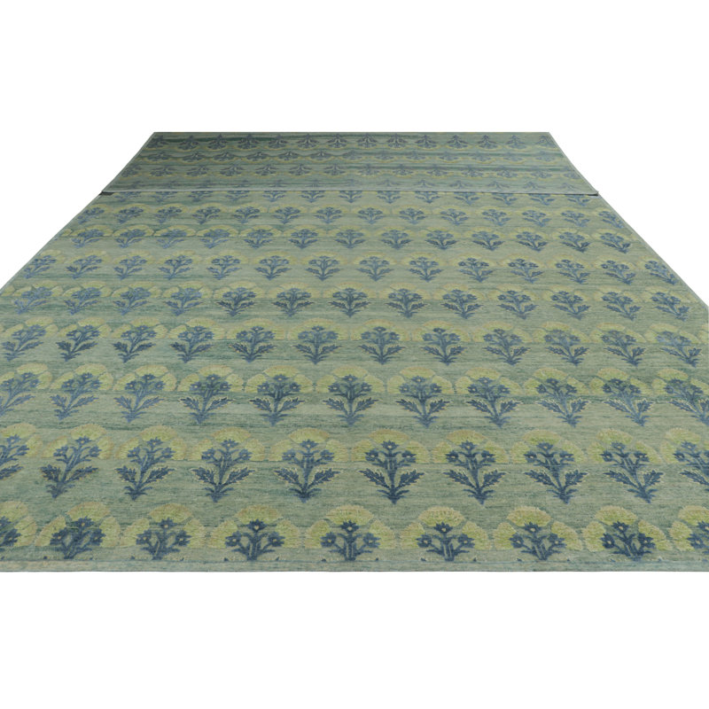 Rug & Kilim’S Oversized Block Print Custom Rug Design, Blue And Green Florals, Square 4'