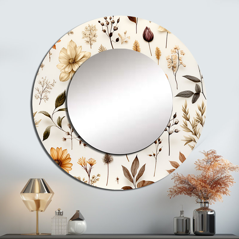 Rosaley Rustic Foliage - Plants Decorative Wall Mirror, White Round Mirror, Printed Metal Art, 29" x 29"