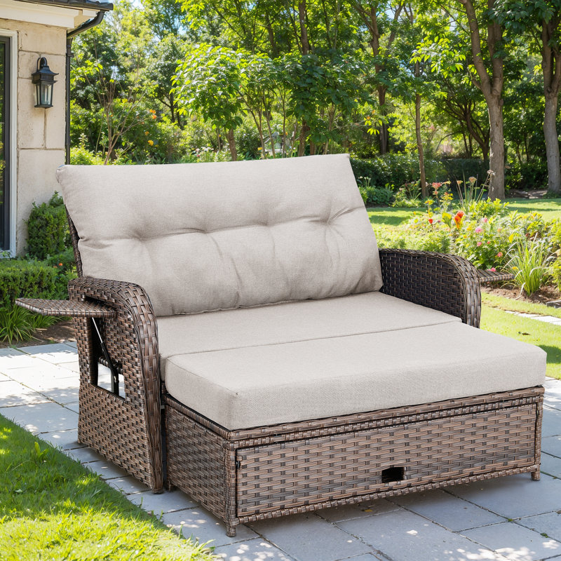 Valierius Adjustable Outdoor Wicker Daybed Patio Sofa Bed, 5-Position With Storage Ottoman, Beige