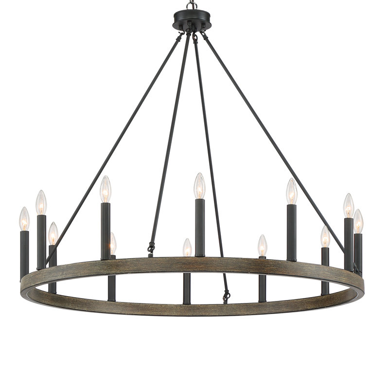 Madalyn 12 - Light Candle Style Wagon Wheel Chandelier, California Walnut/Classic Black