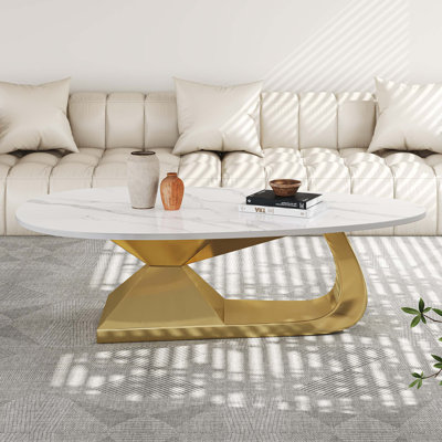 Table basse moderne en pierre frittée avec base en acier inoxydable - Centre de table de salon élégant et durable