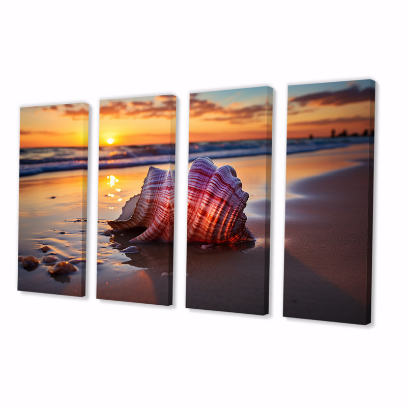 «Sunset Shoreline Treasures I - Coastal Beach», art mural 4 pièces, H 32 po x l 64 po
