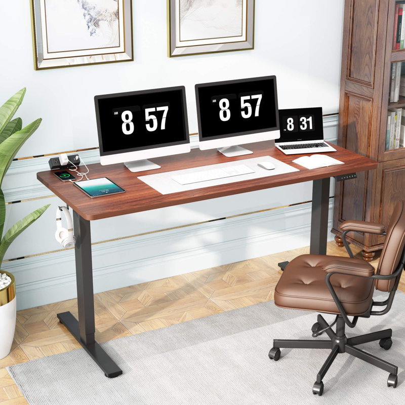 Adjustable Standing Desk, Whole-Piece Desktop, Mahogany/Black, 60" W x 24" D