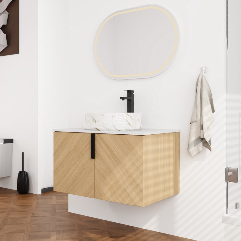 30'' Single Bathroom Floating Vanity With Engineered Stone Top, White/Gold