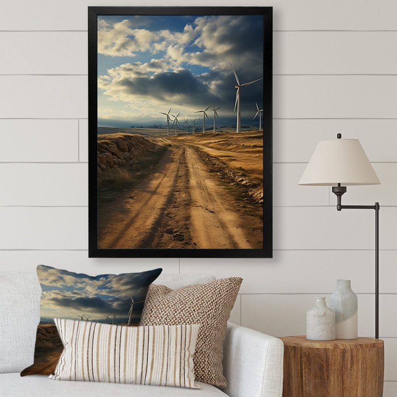 " Wind Turbines Minimalism Scenery IV ", 44" H x 34" W x 1.5" D, Black Single Picture Framed