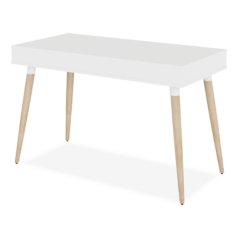 White and Beige Wood Scandinavian Writing Desk with Drawers