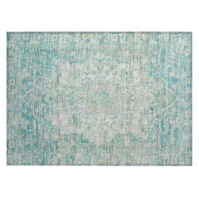 Machine Washable Indoor/Outdoor Xhevrie Teal Rug