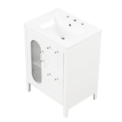 Meuble-lavabo 24 po avec lavabo en céramique, bois massif blanc et armoire, deux tiroirs, porte, lavabo à tablette réglable