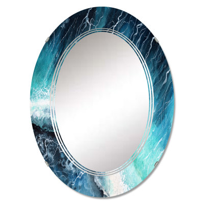 Navy Ocean Waves Wall Mirror, Nautical & Coastal Oval - Navy Blue Ocean Waves With White Seafoam I