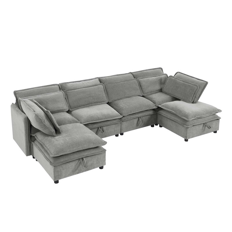 Elysara Modular Sleeper Sofa Convertible Sectional, Gray Polyester, 32" H x 124.4" W x 63" D