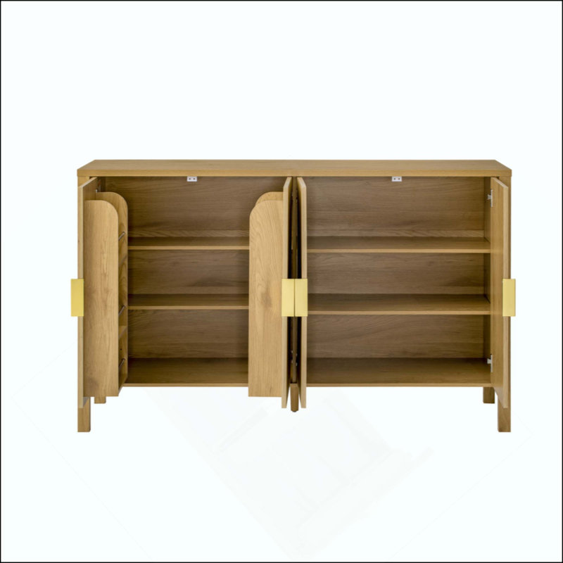 Modern Stripe Door Storage Cabinet, 4-Door Sideboard With Back-Of-Door Storage Racks & Side Hooks, Adjustable Shelves, MDF Cabinet With Aluminum Handles For Living Room, Dining Room