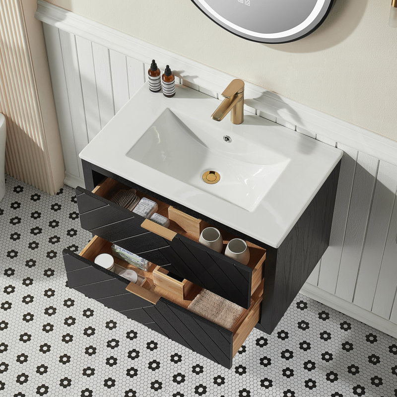 30" Black Wall Mounted & Floating Single Vanity with Ceramic Sink