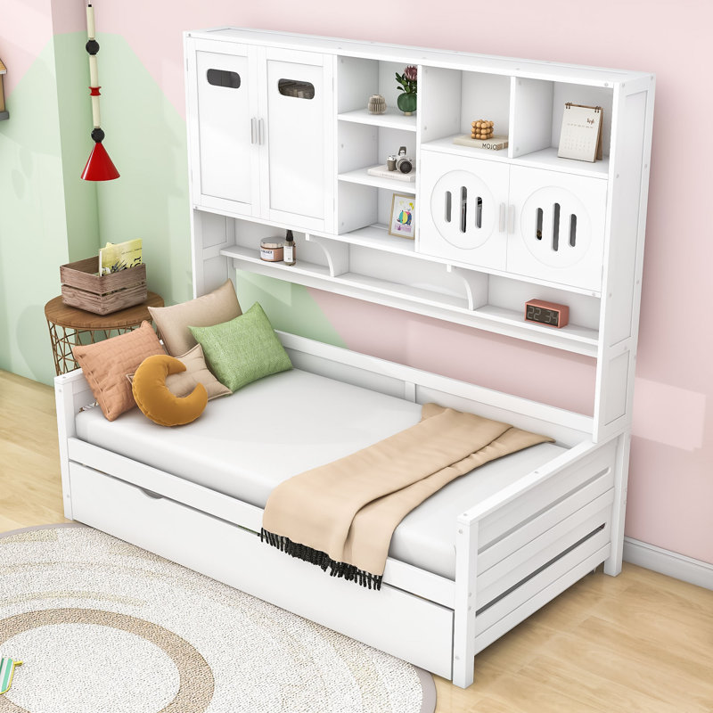 Wood Daybed with Trundle and Built-in Storage Cabinets and Shelves, Twin, White