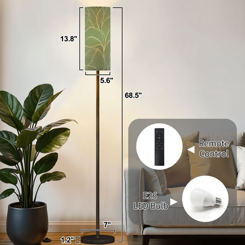 Lampe sur pied verte à motif floral à feuilles et à intensité variable avec télécommande et interrupteur au pied avec abat-jour