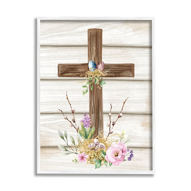 Spirituelle, croix de printemps, fleurs giclées encadrées par ND Art, H 14 po x l 11 po x P 1,5 po