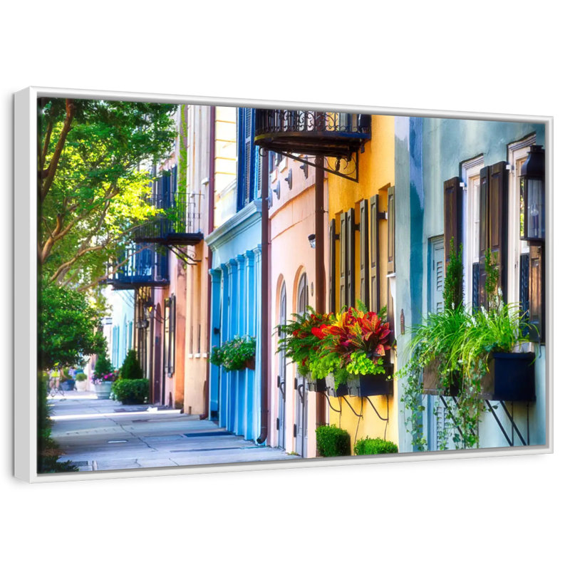 Row Of Colourful Historic Houses, Floating Frame White, 19" X 13"