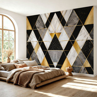 Wall Mural Peel and Stick Wallpaper seamless geometric gold metallic lines silver glitter black watercolor Self-Adhesive Removable Contact Paper Wall Decor for Living Room Bedroom 69"H x 96"W